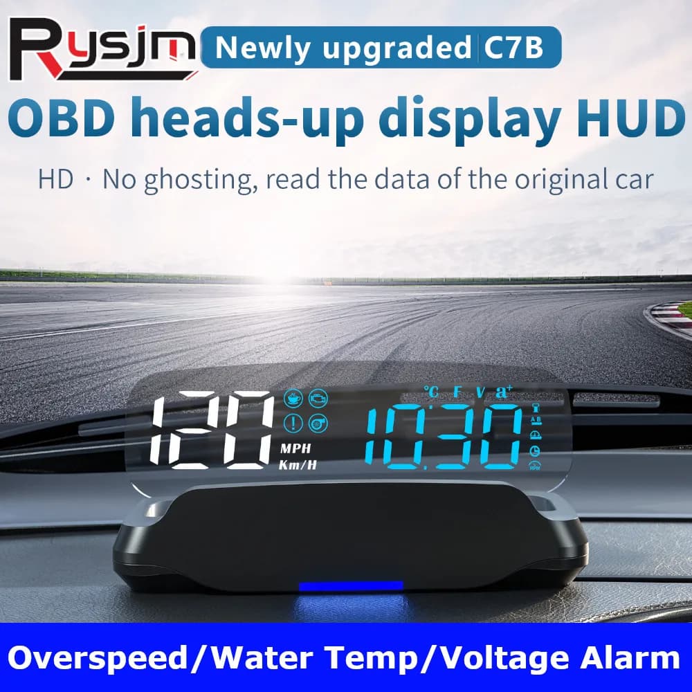 C7B OBD HUD Car Head Up Display Tachimetro Con Allarme Temperatura Dell'acqua Proiettore Bussola Parabrezza Proiettore Allarme Tensione OBD2 Gaug