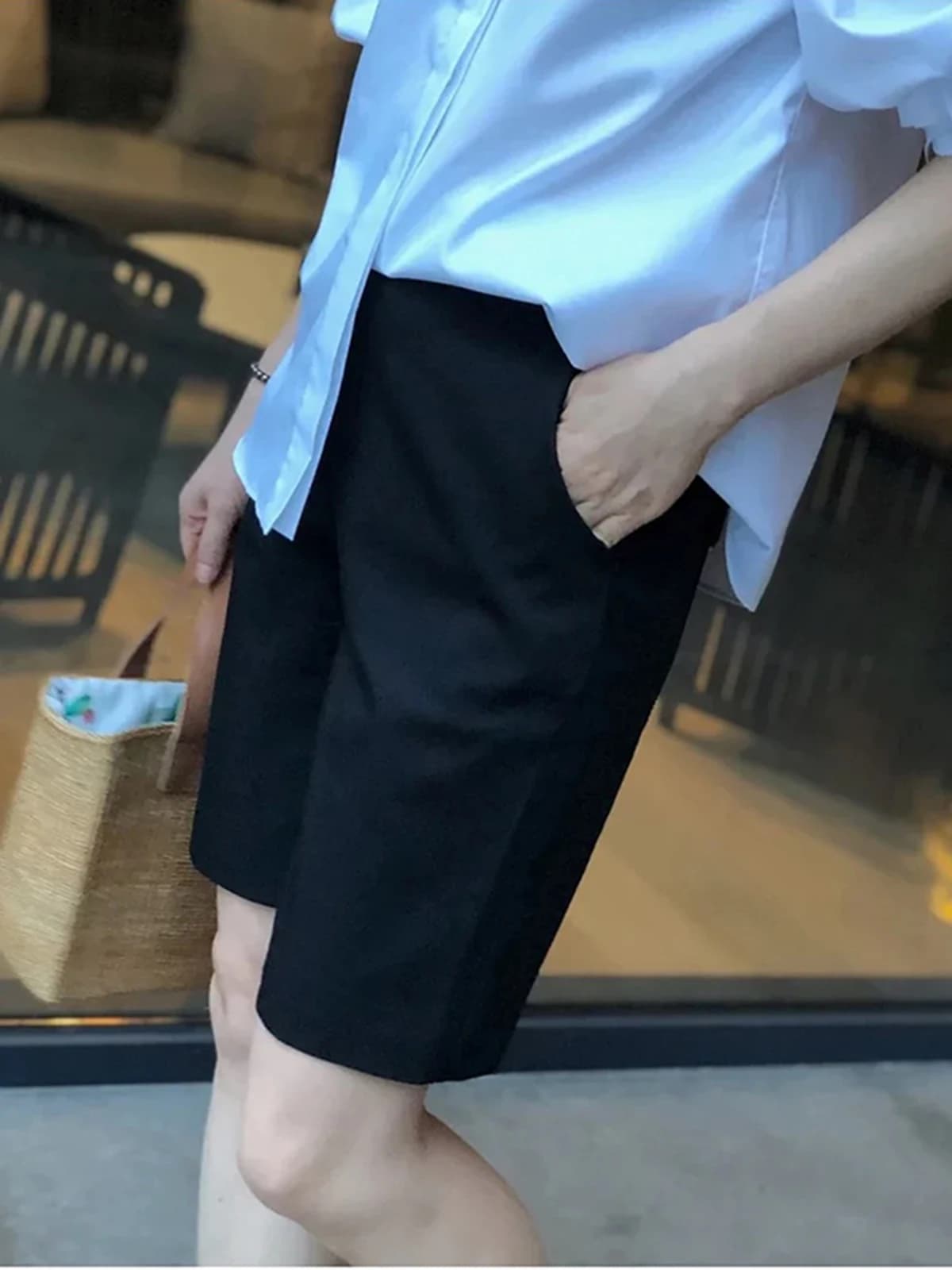 Pantaloncini da Ciclismo Eleganti e Versatili a Gamba Dritta, Lunghezza Cinque Quarti, per Donne, Vita Alta, in Misto Poliestere, Pantaloni Casual