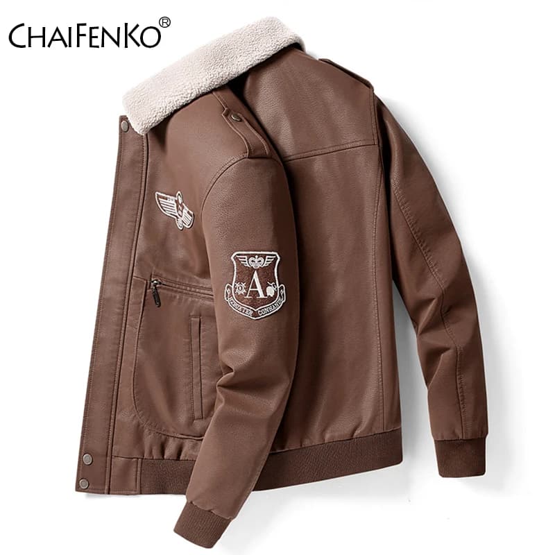 Men Flip Collar Flight Suit Leather Clothing Jackets New locomotive Fleece Keep Warm Coats Winter thickening free time man top
