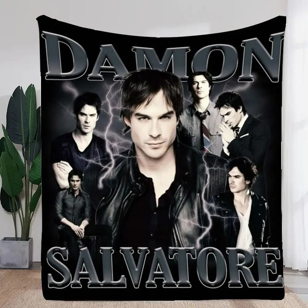 Damon Salvatore Fan Art Throw Blanket - Stunning Ian Somerhalder Design with Dramatic Lightning Effects, Soft Plush Fabric, Perf
