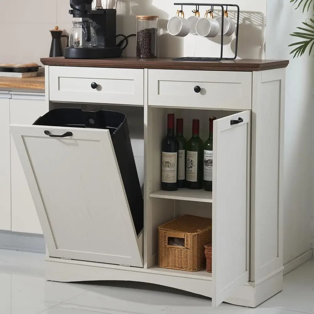 Cestino da cucina a scomparsa per armadietto con contenitore nascosto per rifiuti e riciclo, bianco anticato