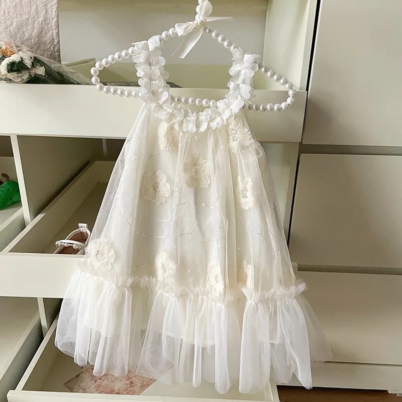 Abito da ragazza in rete Abito da compleanno Abito estivo da bambino Colletto appeso al collo Abiti senza maniche Principessa Ricamo Abiti a pendolo grande 1-6 anni