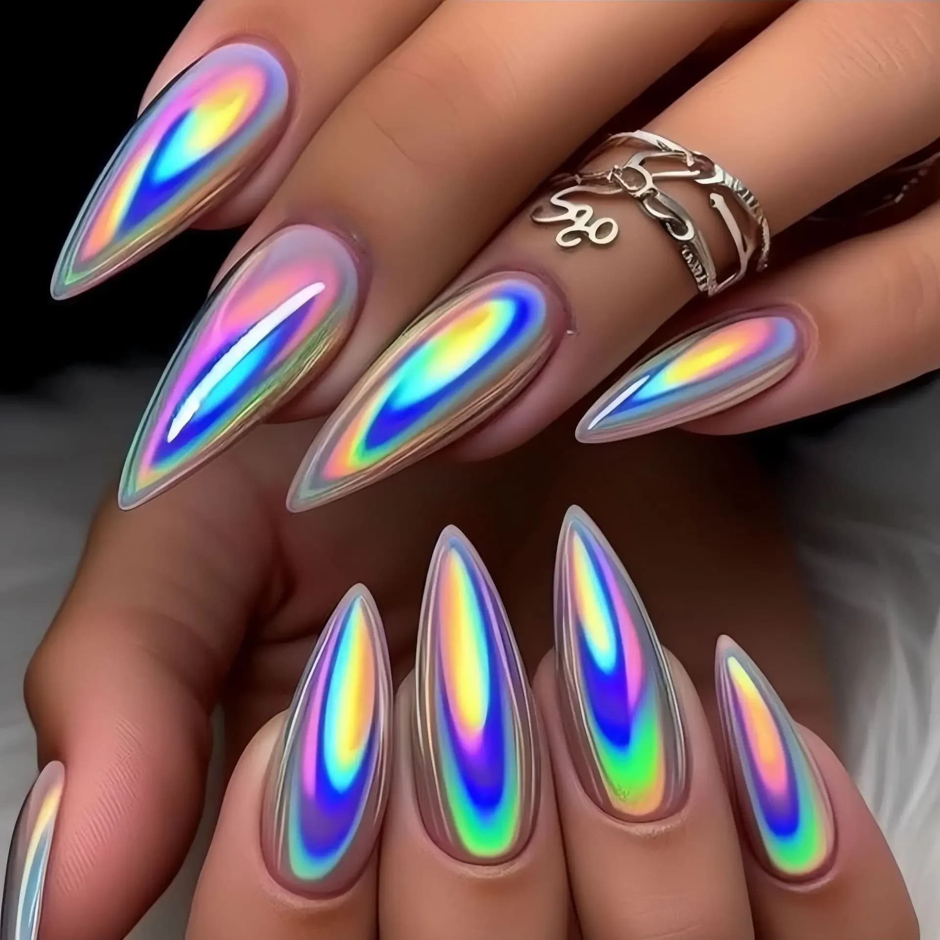 24 pezzi/set unghie finte olografiche placcate per donne e ragazze, lunghe, a goccia, viola aurora, lucide, con punta effetto goccia, finte, da applicare con pressione - XY