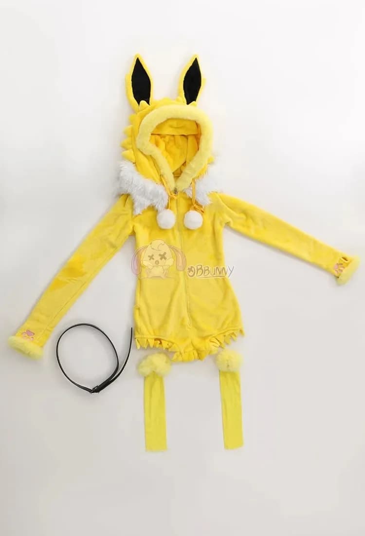 Sexy Deep V Hooded Bodysuit Socks Suit Bunny Girl Lolita Cartoon Plush Pajamas Christmas Anime Jolteon Cosplay Costume For Women