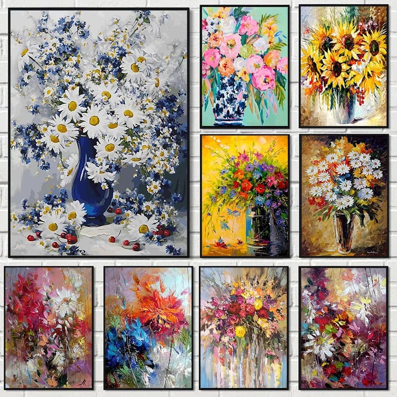 Quadro Astratto con Fiori Blu e Arancioni in Acquerello su Poster Diamantato e Stampa Artistica da Parete per Decorazione Casa e Stanza