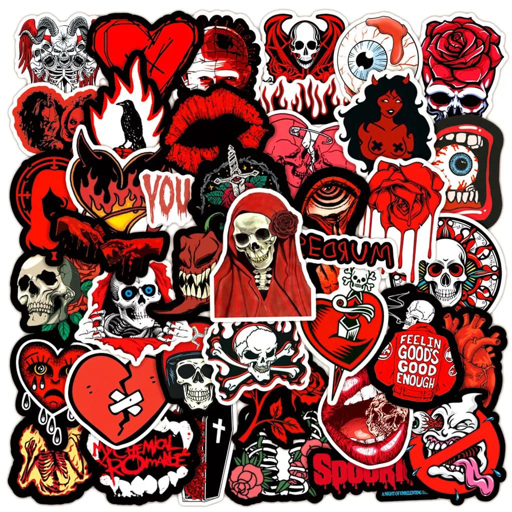 50 adesivi gotici neri e rossi - Graffiti impermeabili con teschio a tema horror per notebook e tazze d'acqua RegistrazioneYourLife Store