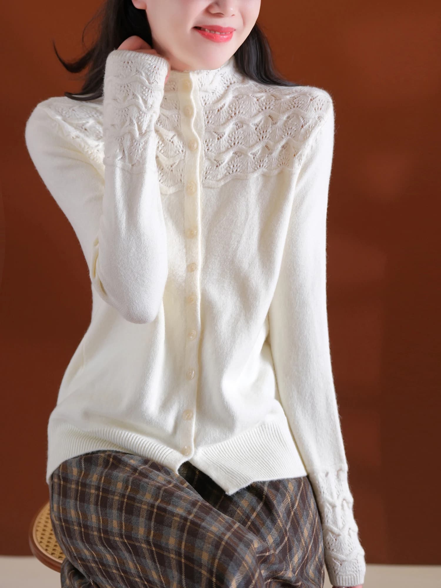 Thick Soft Heavy Work Multi-Yarn Andy Velvet Lace Trim Half High Neck Open Cardigan Women's Regular Fit Soft Polyester Blend