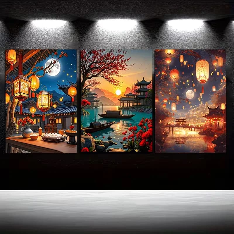 3Pcs DIY Frameless Diamond Painting Chinese Water Town Moonlit Night Full Drill Triptych Mosaic Diamond Embroidery Cross Stich