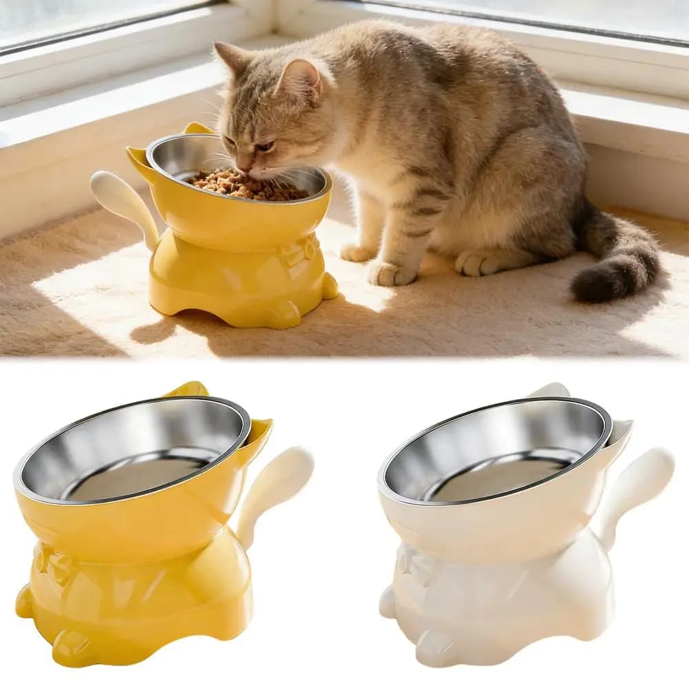Elevated Pet Feeding Bowl Cat Ear Design Stainless Steel Raised Food Dish For Cats And Small Dogs Ergonomic Neck Protection