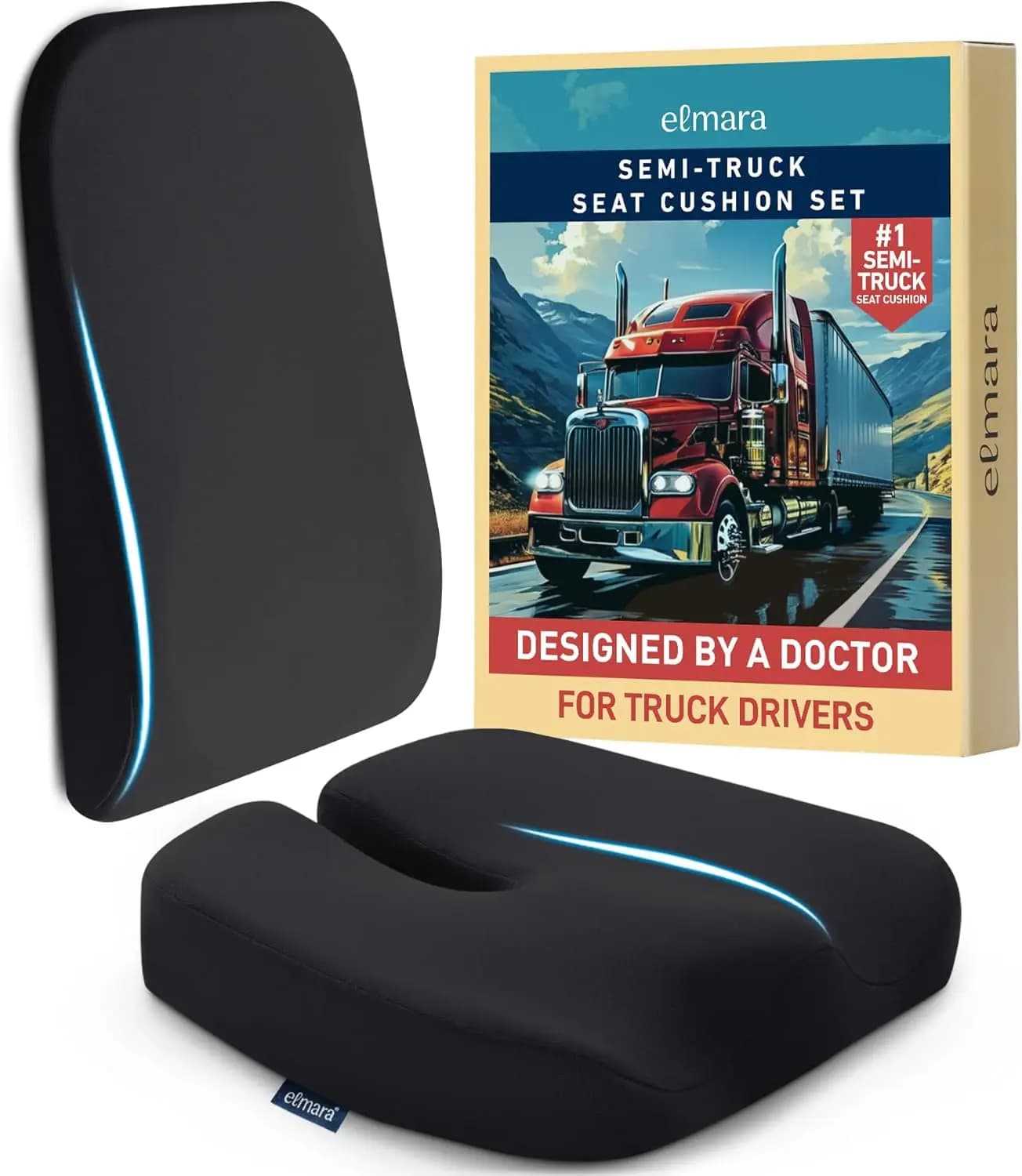 Set di Cuscini Ergonomici per Sedile Camion per Camionisti a Lunga Percorrenza - 2 Pezzi Neri con Supporto