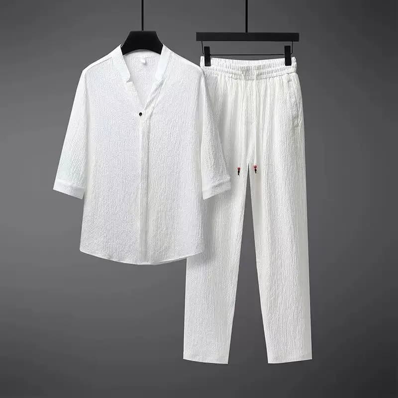 Camicie e pantaloni in stile cinese, estivi, 100% cotone e lino, abbigliamento sportivo, set casual da uomo, primaverili, pantaloni in stile cinese alla moda maschile.