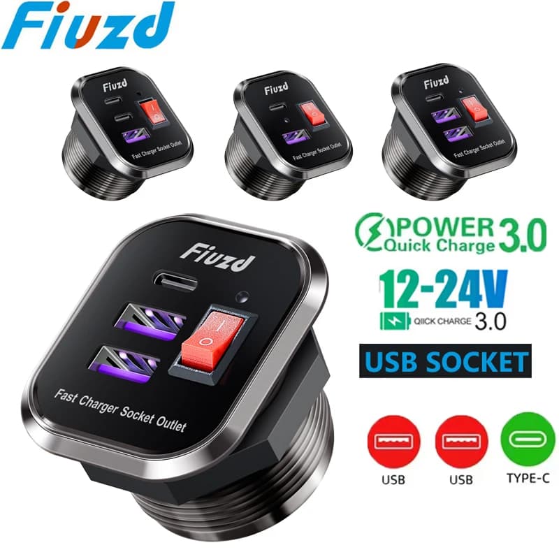 Presa per caricabatteria USB per auto in metallo 60W Caricabatteria per auto 12V 24V Presa USB PD USB-C e due porte QC3.0 Interruttore tattile per barca marina