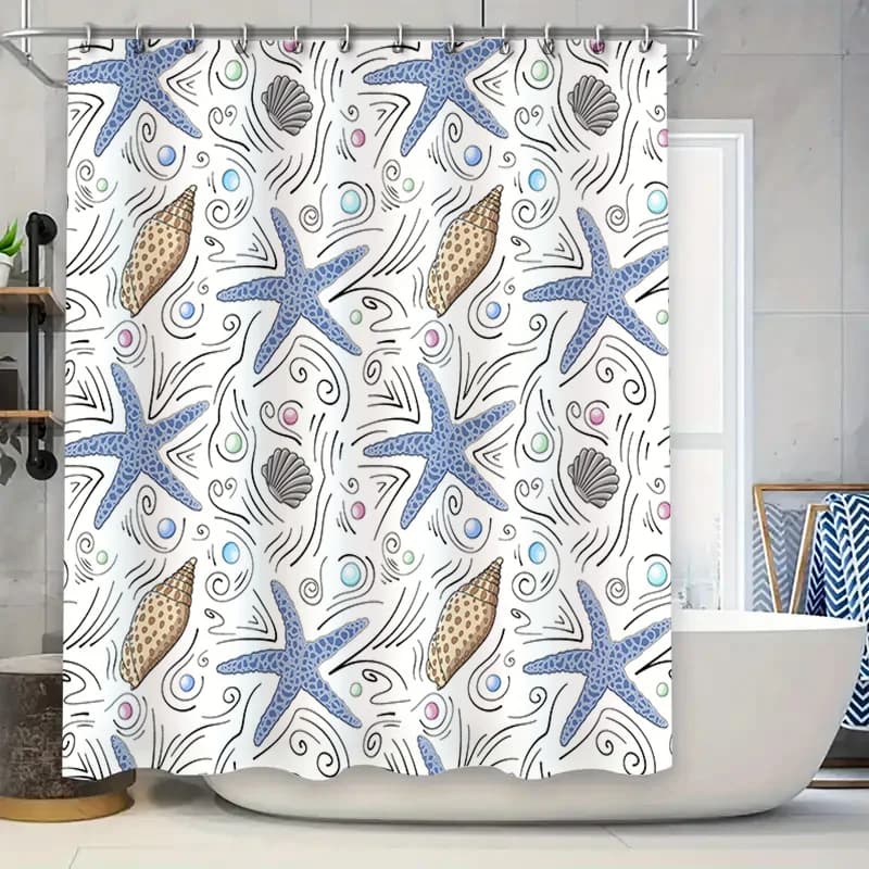 Tenda da doccia ispirata al mare disegnata a mano con conchiglie blu e motivo stella marina per l'arredamento del bagno.
