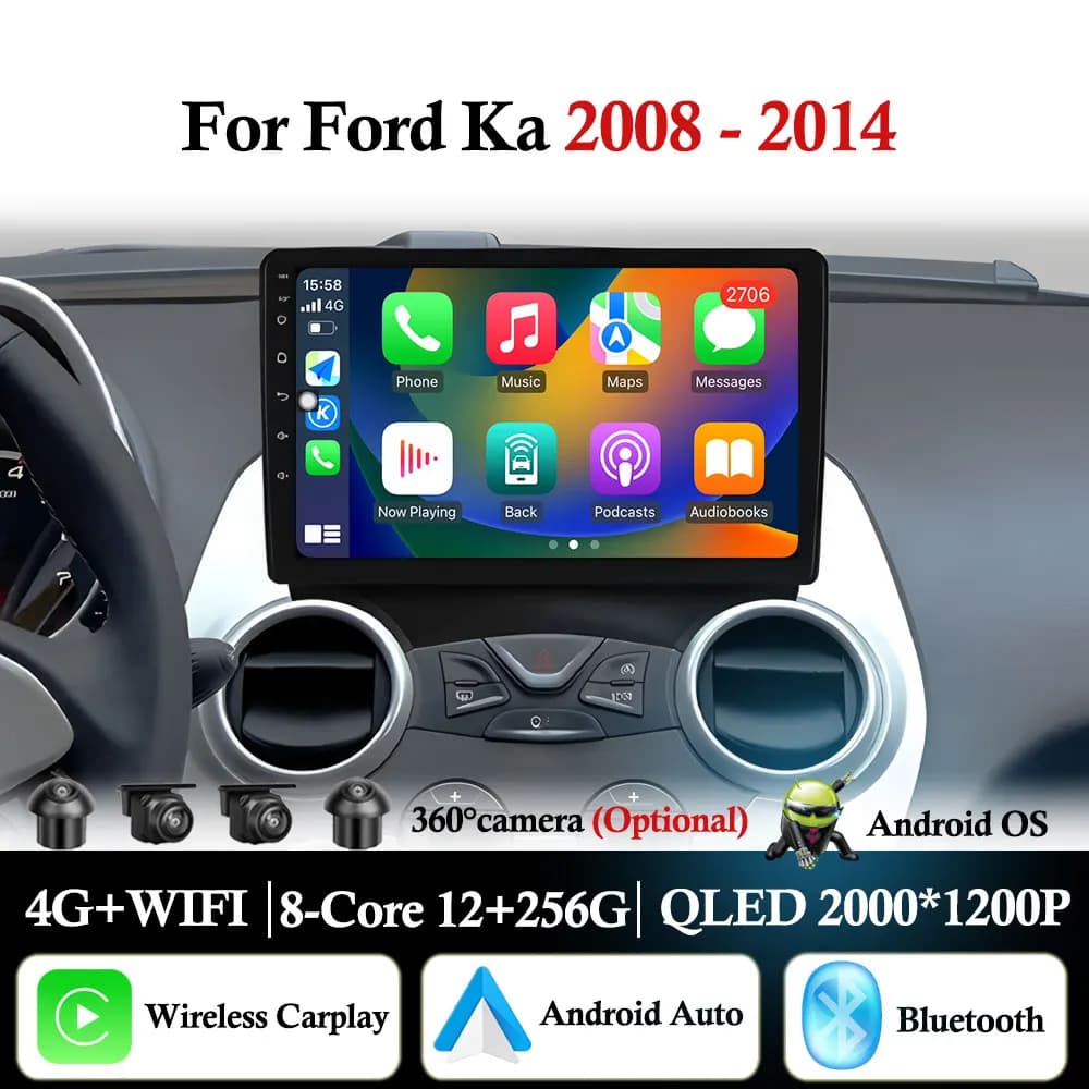 Autoradio Android 16 con Lettore Multimediale per Ford Ka K2 2008-2014, Carplay Wireless, Unità di Navigazione GPS, WIFI, DSP