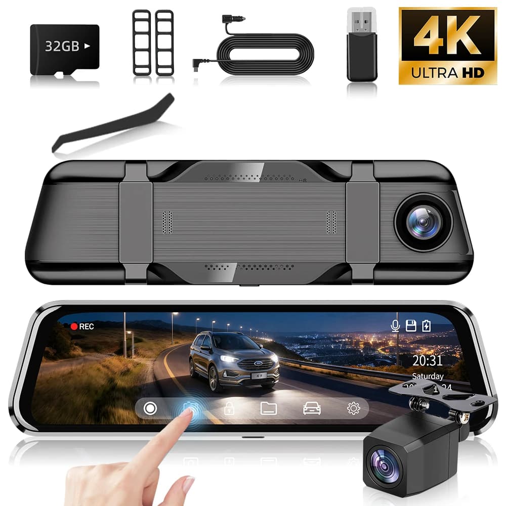 Dash Cam 4K with Mirror and Screen Touch from 9,66 Inch, DVR Auto with Double Lenten 1080P, Multimedia Streaming to Full Screen, Night Vision, G-Sensor, 32GB