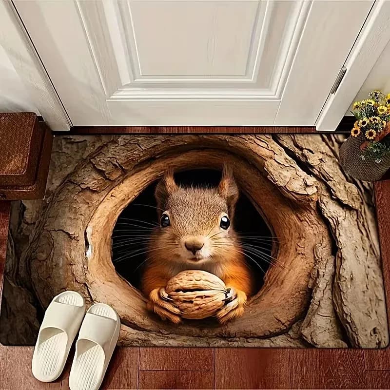 Cute Whimsical Tree‑Hole Squirrel Doormat Realistic Wildlife Animal Print Decorative Lovely Nature‑Style Indoor Entry Floor Mat