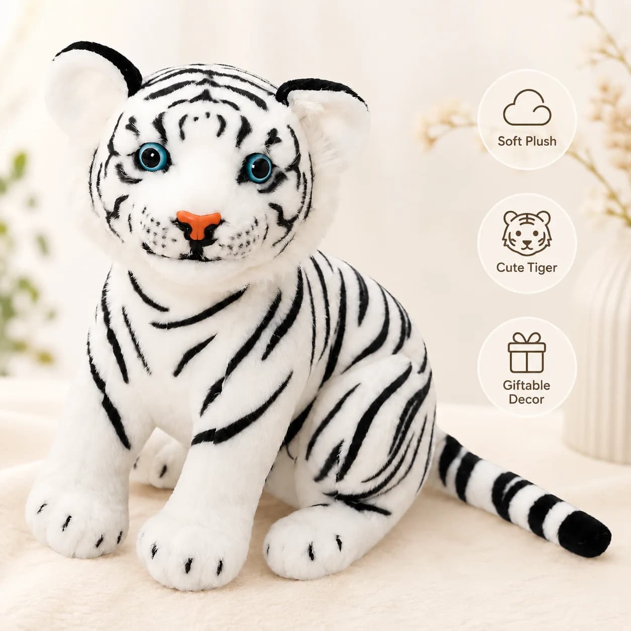 Peluche Tigre Bianca, Morbido Pupazzo Realistico, Cuscino a Forma di Gatto della Giungla, Regalo di Compleanno per Bambini, Versione Inglese