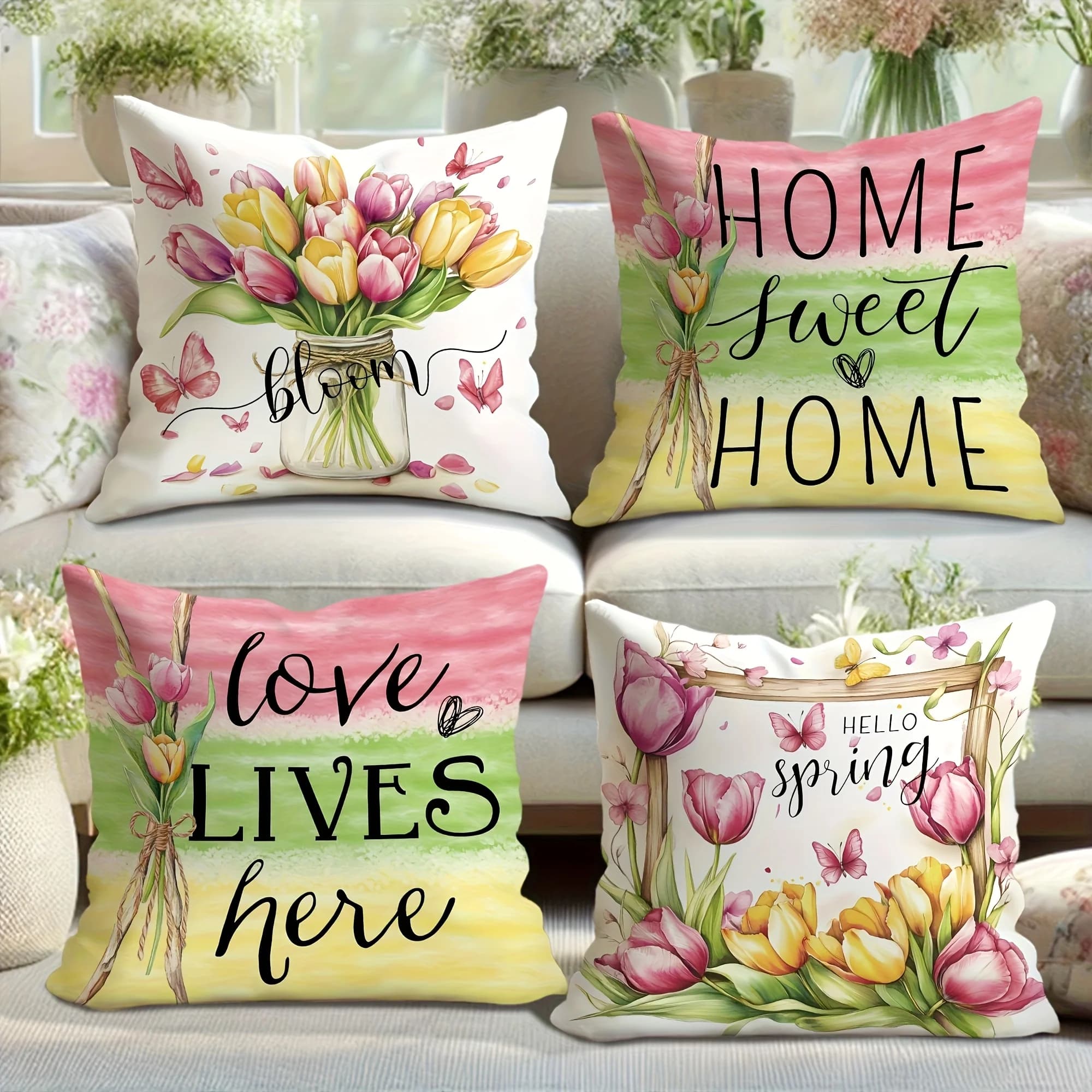 4 fodere per cuscini a forma di tulipano, 40x40 cm, stampate su entrambi i lati, con motivi floreali primaverili, decorazioni per la casa, senza inserto