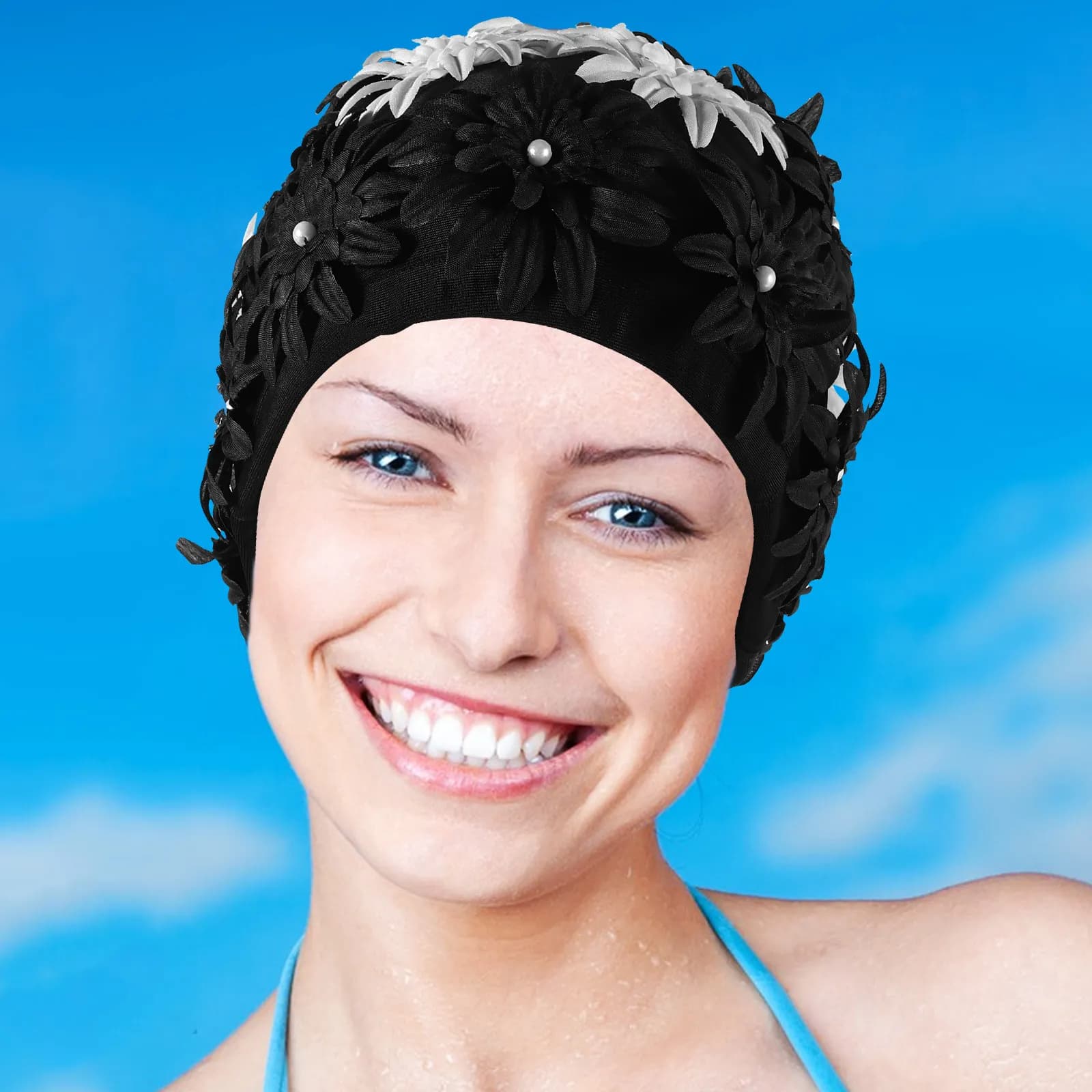 Cuffia da bagno floreale elegante da donna, con ricamo a perle e design floreale, impermeabile, per capelli lunghi, ideale per piscina e feste