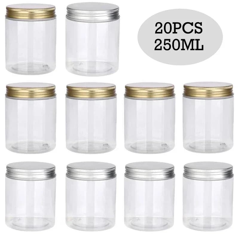 Barattolo di plastica PET vuoto trasparente da 20 pezzi da 250 ml con coperchi in alluminio oro/argento crema cosmetica per il viso contenitore per alimenti forniture per la casa