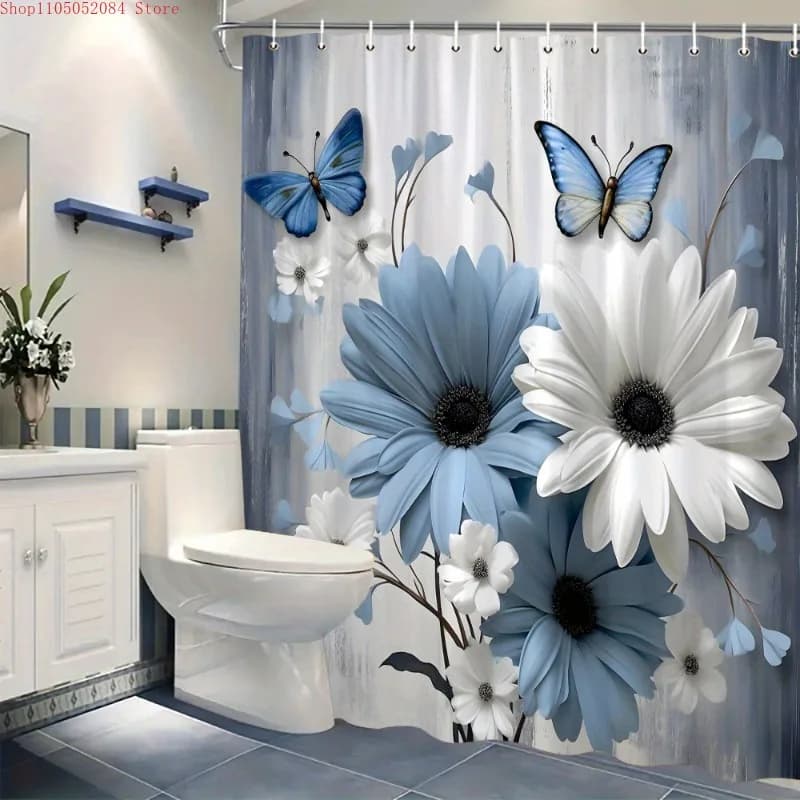 Tenda da doccia in poliestere con margherite blu e bianche e farfalle - con ganci, impermeabile, antimuffa, facile da installare, lavabile