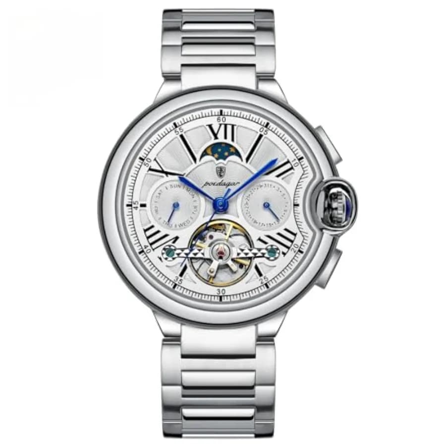 Orologio Meccanico Automatico da Uomo alla Moda con Data e Giorno della Settimana, Impermeabile, Tourbillon, Cinturino in Acciaio Inox e Pelle, per Uomo d'Affari