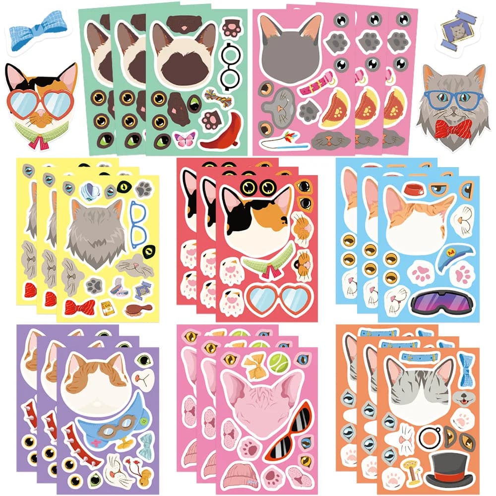 8/16 Fogli di Adesivi Puzzle a Forma di Testa di Gatto, Regali Decorativi, Impermeabili per Computer, Telefono, Chitarra, Skateboard, Quaderno, Scrapbook, Decorazioni Fai-da-Te