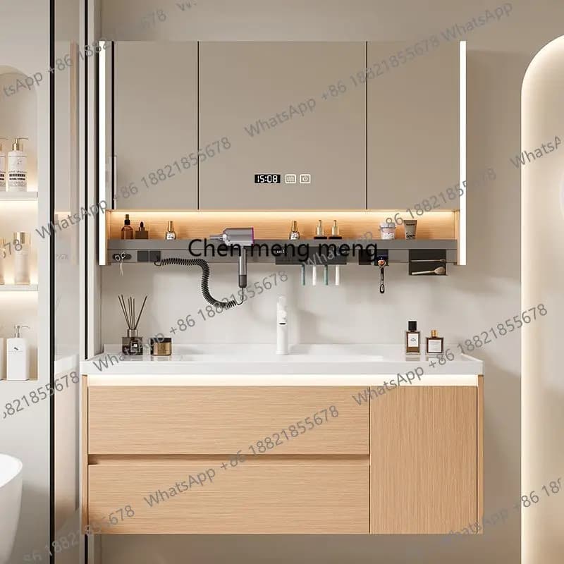 Mobiletto portaoggetti per lavabo da bagno con lavabo, moderno, in legno massello, per WC, con specchio a LED, mobili da bagno per la casa personalizzati