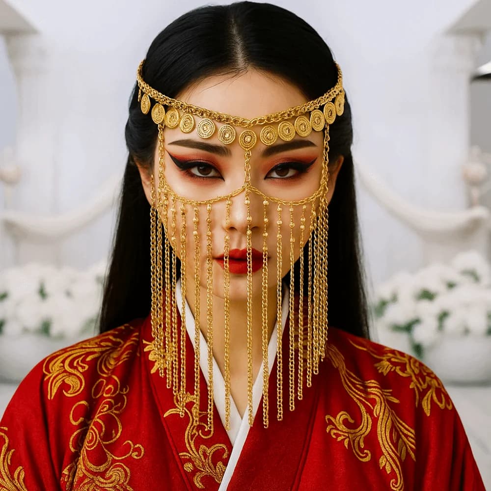 Maschera per Danza del Ventre con Campanelle, Strass, Catena per la Testa Dorata e Lunghe Nappe, Stile Etnico, per Spettacoli di Danza del Ventre