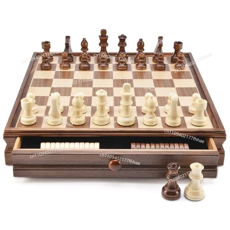 Walnut Solid Wood Chess Checkers Set Drawer Model