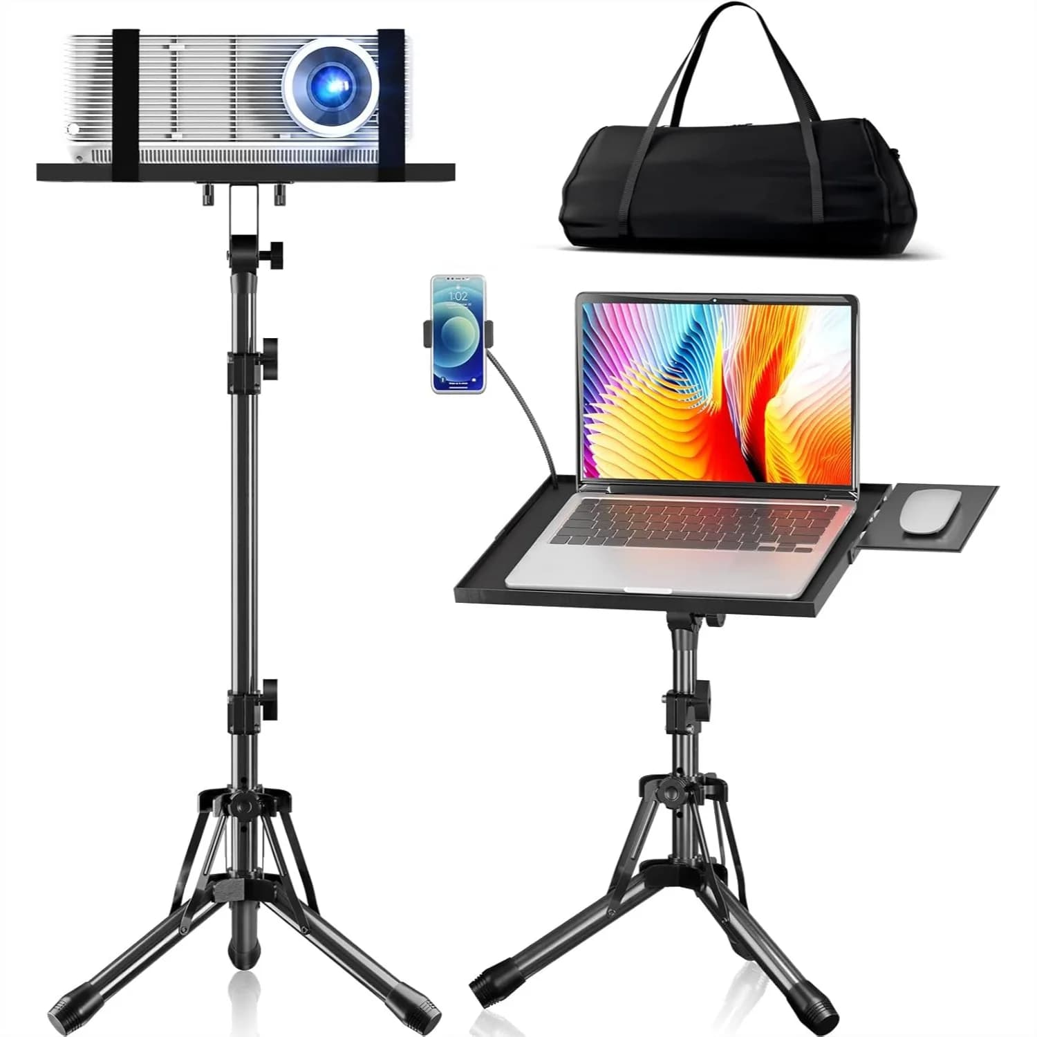Supporto Regolabile per Proiettore 20"-61" con Vassoio per Mouse e Porta Telefono, Treppiede Pieghevole per Laptop, Attrezzatura DJ, Palco, Ufficio Domestico