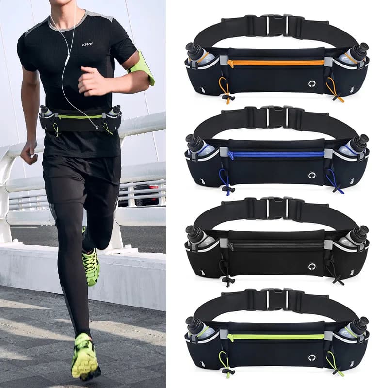 Running bag for marathon and trail running, with telephone and bottle holder, fitness sports pouch with double pocket, racing belt for men and women