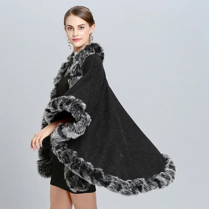 Mantello da donna doppio lato streetwear collo in pelliccia di volpe sintetica grande pendolo soprabito invernale spesso nero con mantello poncho allentato grigio