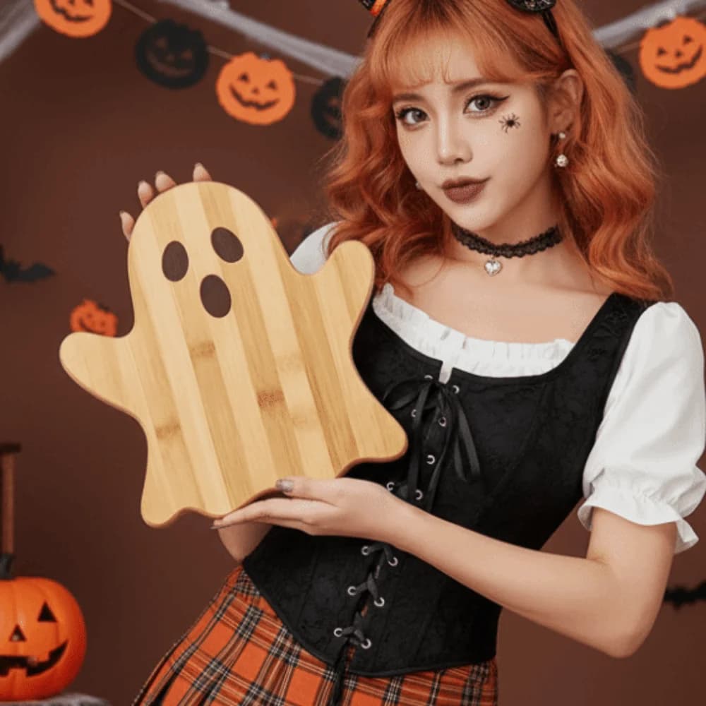 1pair Solid Wood Pumpkin Cutting Board Natural Color Pumpkin Shaped Ghost Serving Tray Smooth Edge Food Safe