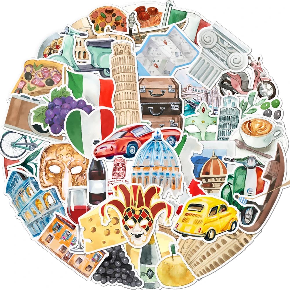 Confezione di adesivi Italia da 10/30/50 pezzi, set di decalcomanie per diario a tema di viaggio per album di ritagli, notebook, telefono, laptop, decorazione artigianale fai da te