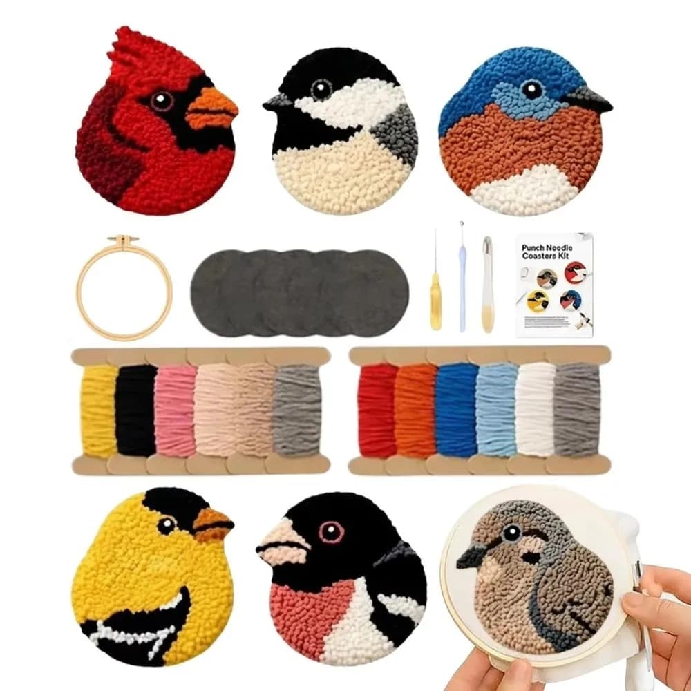Bird Design Bird Coasters Punch Needle Kit Handmade Soft Embroidery Coaster Kit Stress Relief Bird Coaster Kit Home Decor