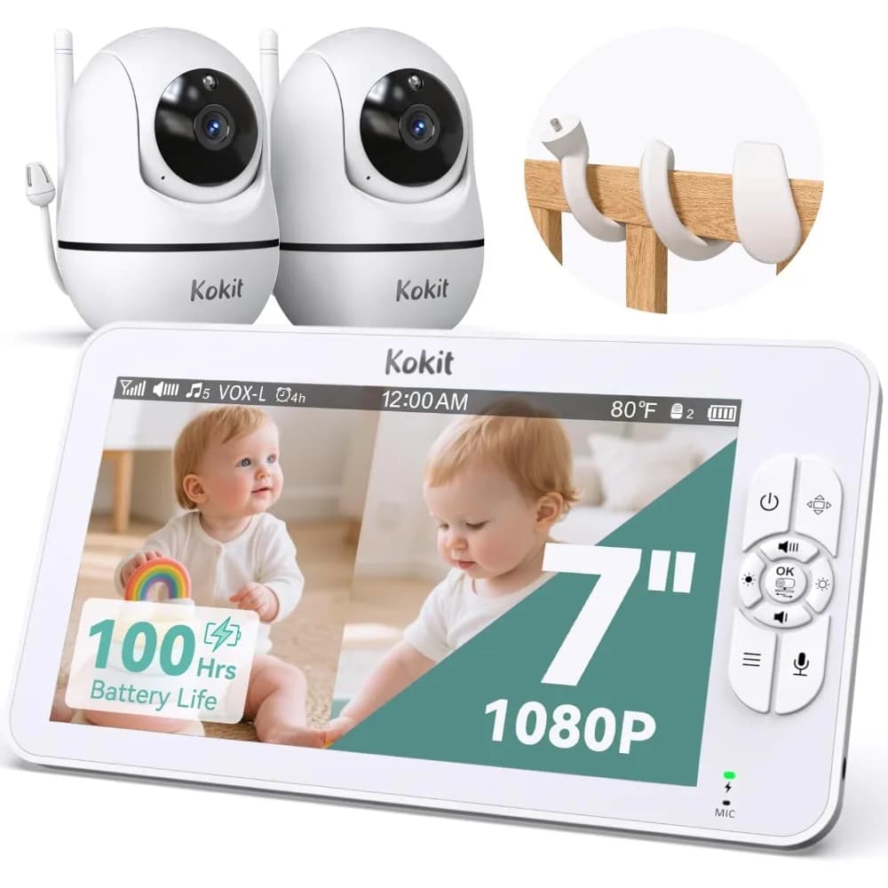 Baby monitor a schermo diviso Full HD da 7" 1080P, batteria da 100 ore 5000 mAh funziona a 4 giorni con staffa flessibile, nessun baby monitor WiFi con 2