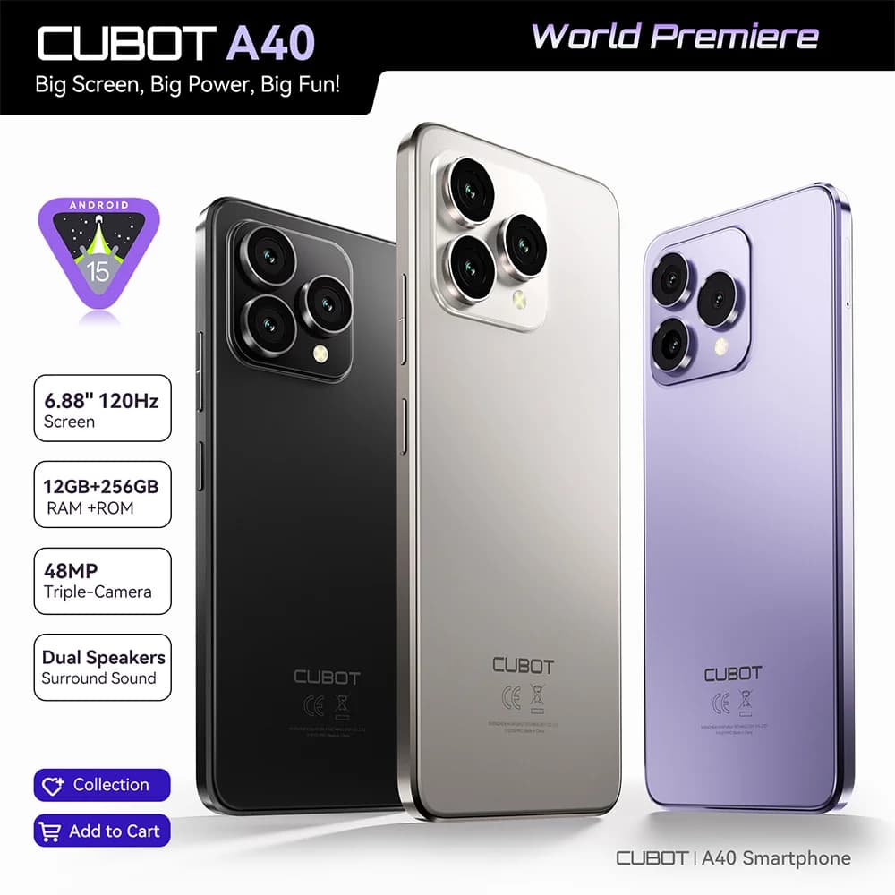 Cubot Smartphone Android 15 A40, 12 GB di RAM+256 GB di ROM, schermo da 6,88 pollici 120 Hz, octa-core, fotocamera da 48 MP, batteria da 5100 mAh, NFC, ID facciale