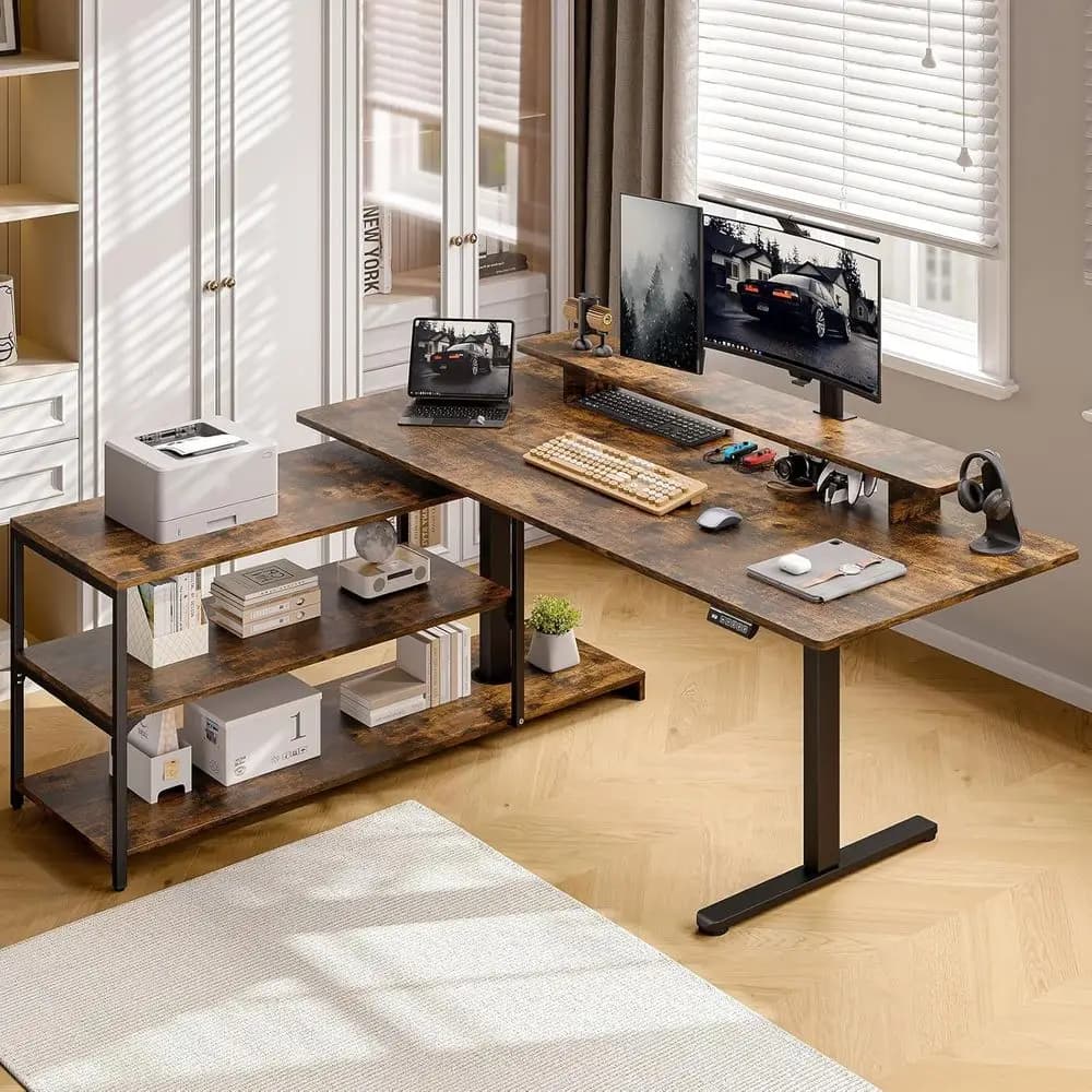 Scrivania Elettrica Regolabile in Altezza a Forma di L, Marrone Rustico, con Ripiano per Monitor e Armadietto, 63x24, Altezza Regolabile 28-46