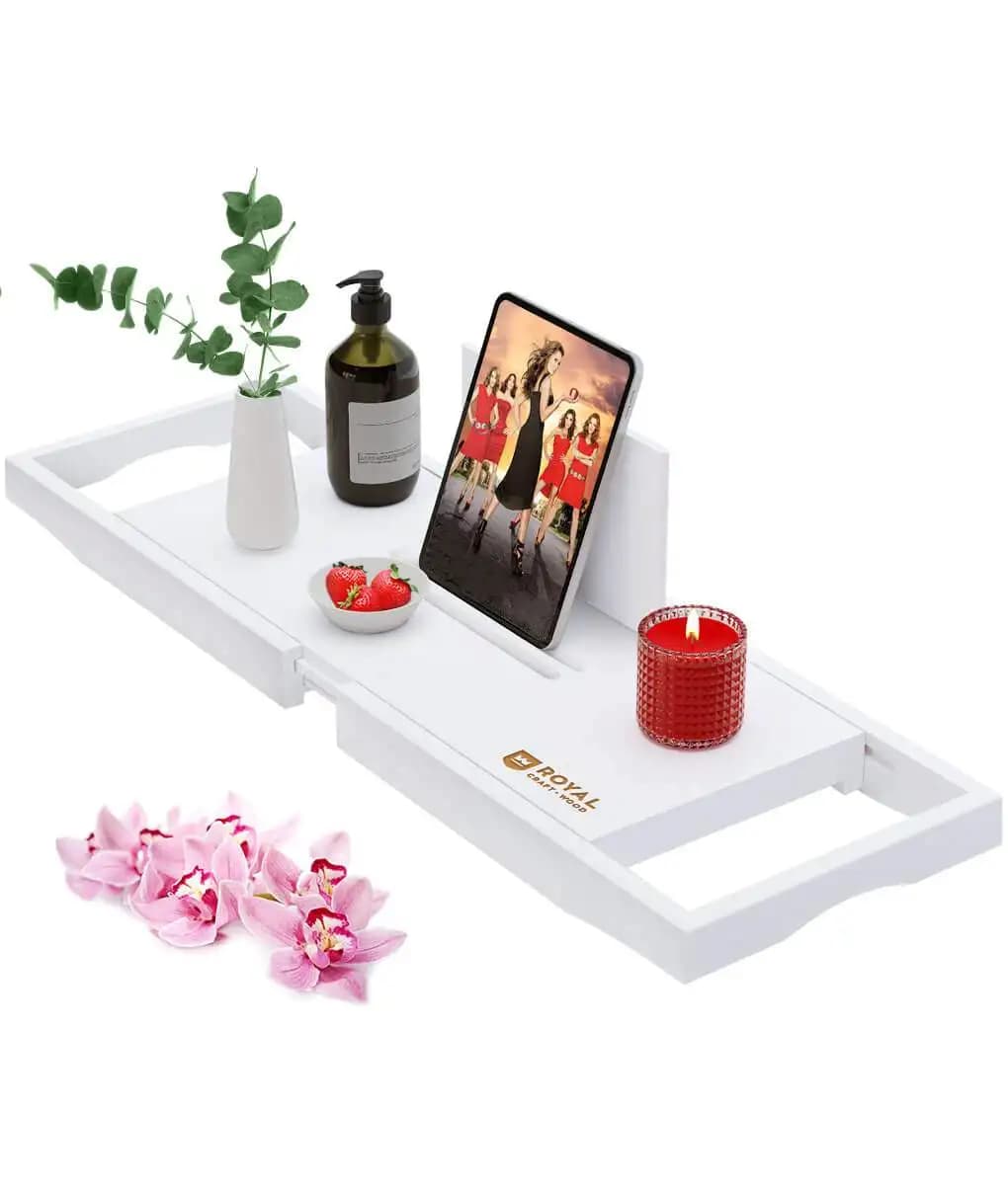 Luxury Expandable Bamboo Bathtub Tray Caddy Over The Tub Spa Bath Rack Organizer with Wine Glass Cup Slot Tablet Phone Holder Wooden Bathroom Accessories
