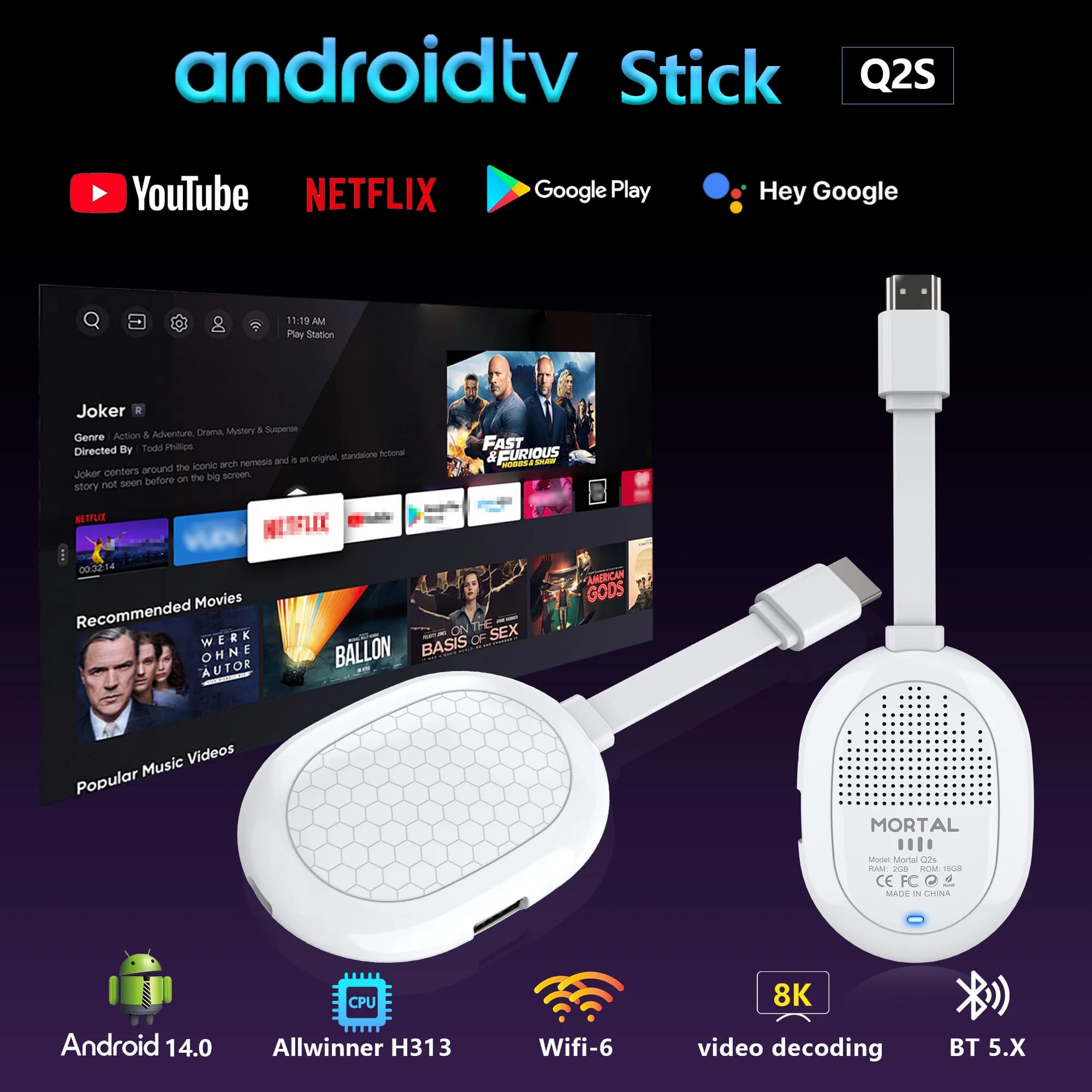 HOT Android 14.0 Allwinner H313 TV stick Q2S TV BOX Supporta Google Play Youtube Dual 2.4/5G Wifi 6 BT 5.0 Decodifica video 8K