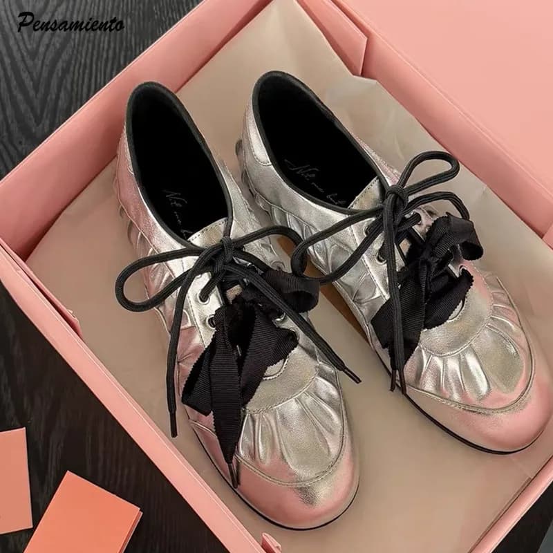 2026 Spring Autumn Patent Leather Lace-up Women Flats Sneakers Fashion Pleated Ballet Style Walking Loafers Casual Derby Shoes