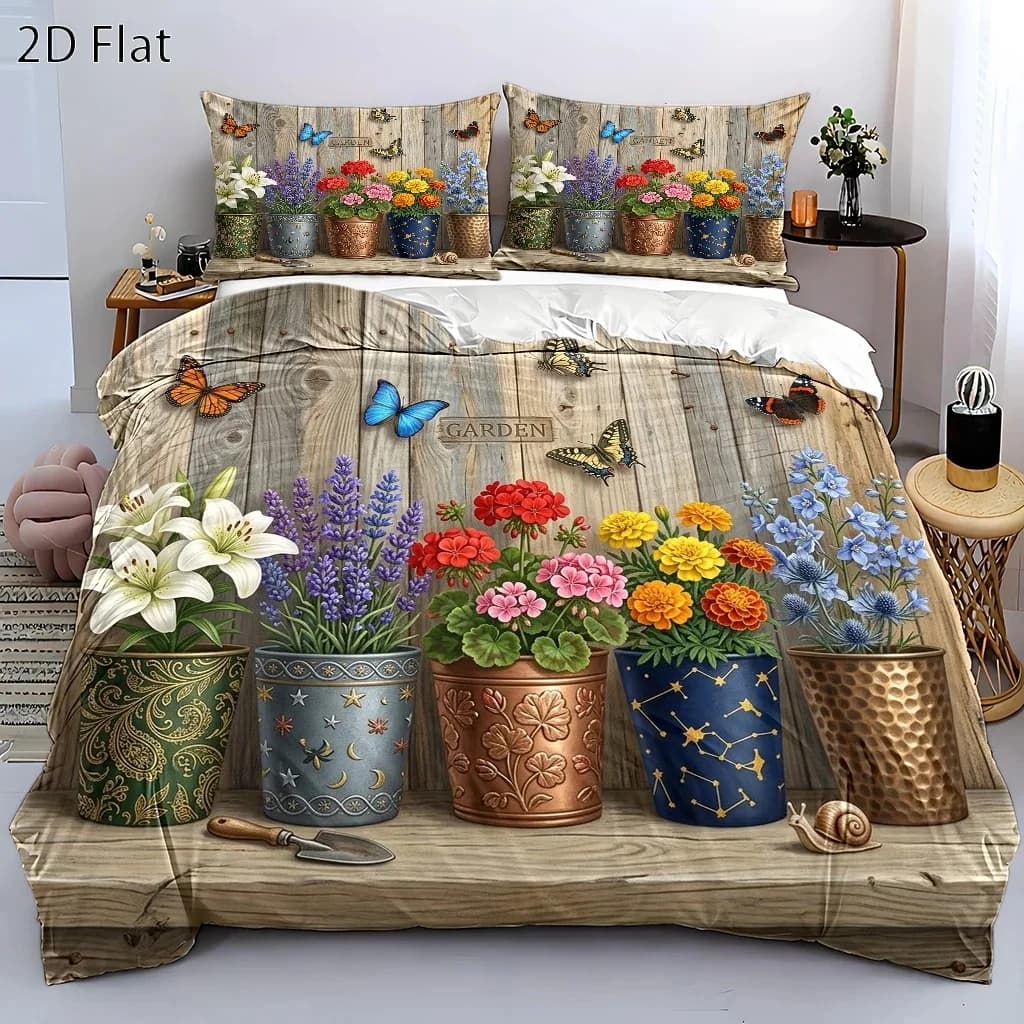 3-Piece Pastoral Style Floral Butterfly Duvet Cover Set, Three-Piece Bedding Set (1*Duvet Cover + 2*Pillowcases), Suitable for All Seasons, Machine Washable, Invisible Zipper Design, Suitable for Home, Dormitory, Master Bedroom, Guest Room, Large Double Bed Cover Set, Vintage Flower Pot and Plant Pattern, Warm and Natural Bedding, Comfortable, Skin-Friendly, Breathable, Pastoral Floral and Butterfly Elements, Exquisite Printed Duvet Cover Set