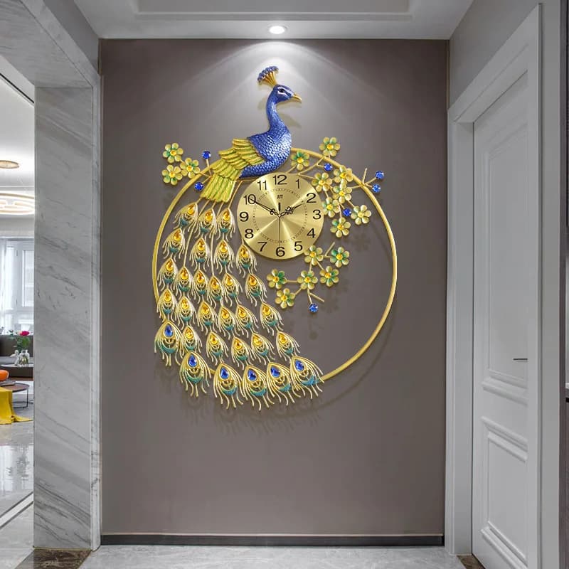 Orologi di lusso leggeri alla moda europea, orologio da parete creativo con pavone per soggiorno, orologio artistico per la decorazione della casa