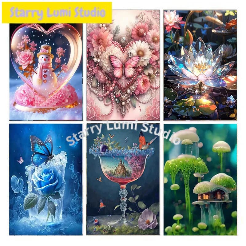 Kit di pittura diamantata fai-da-te 5D, con disegni floreali e paesaggistici, adatto per adulti e principianti.