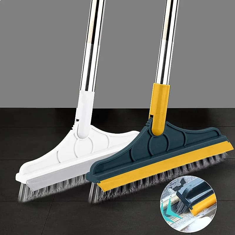 Rotating Floor Scrub Brush Long Handle Squeegee Stiff Bristle Broom Mop 2in1 for Bathroom Kitchen Tile Crevice Cleaning