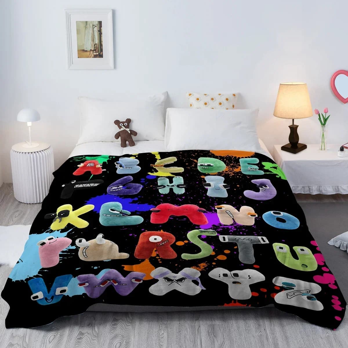 Divertente coperta alfabeto alfabeto colorato stampato coperta di flanella morbida calda coperta accogliente Lore per adolescenti adulti