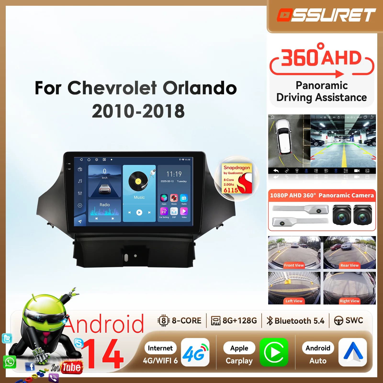 2din 360 Macchina Fotografica di Android 14 autoradio Per Chevrolet Orlando 2010-2018 Lettore Multimediale GPS Carplay BySnapdragon 6115 Autoradio