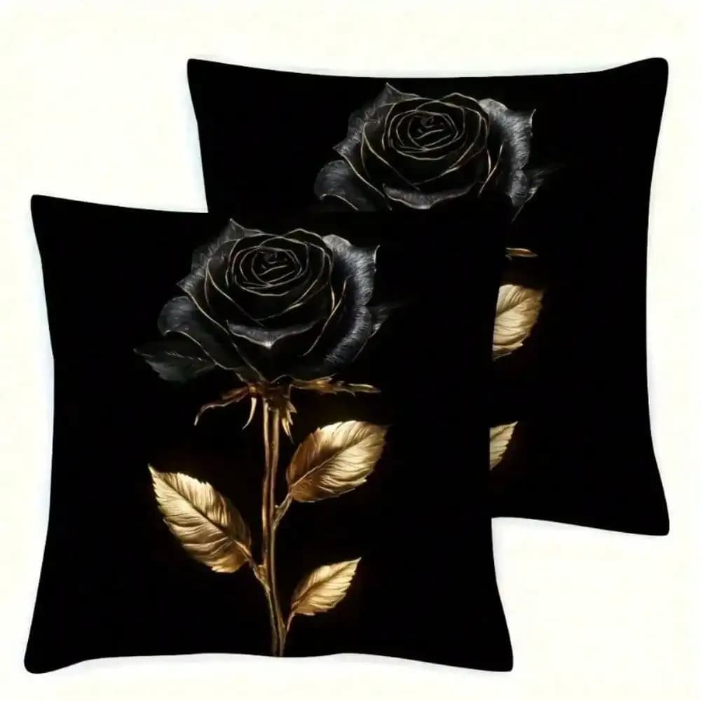 2pcs Luxury Elegant Golden Rose Pillow Covers - Black & Golden Floral Print, Zipper Closure, Machine Washable Polyester, 14x14 16x16 18x18 20x20 Inch, Bohemian Style for Sofa & Living Room Decor, Decorative Pillow Covers | Elegant Home Accent