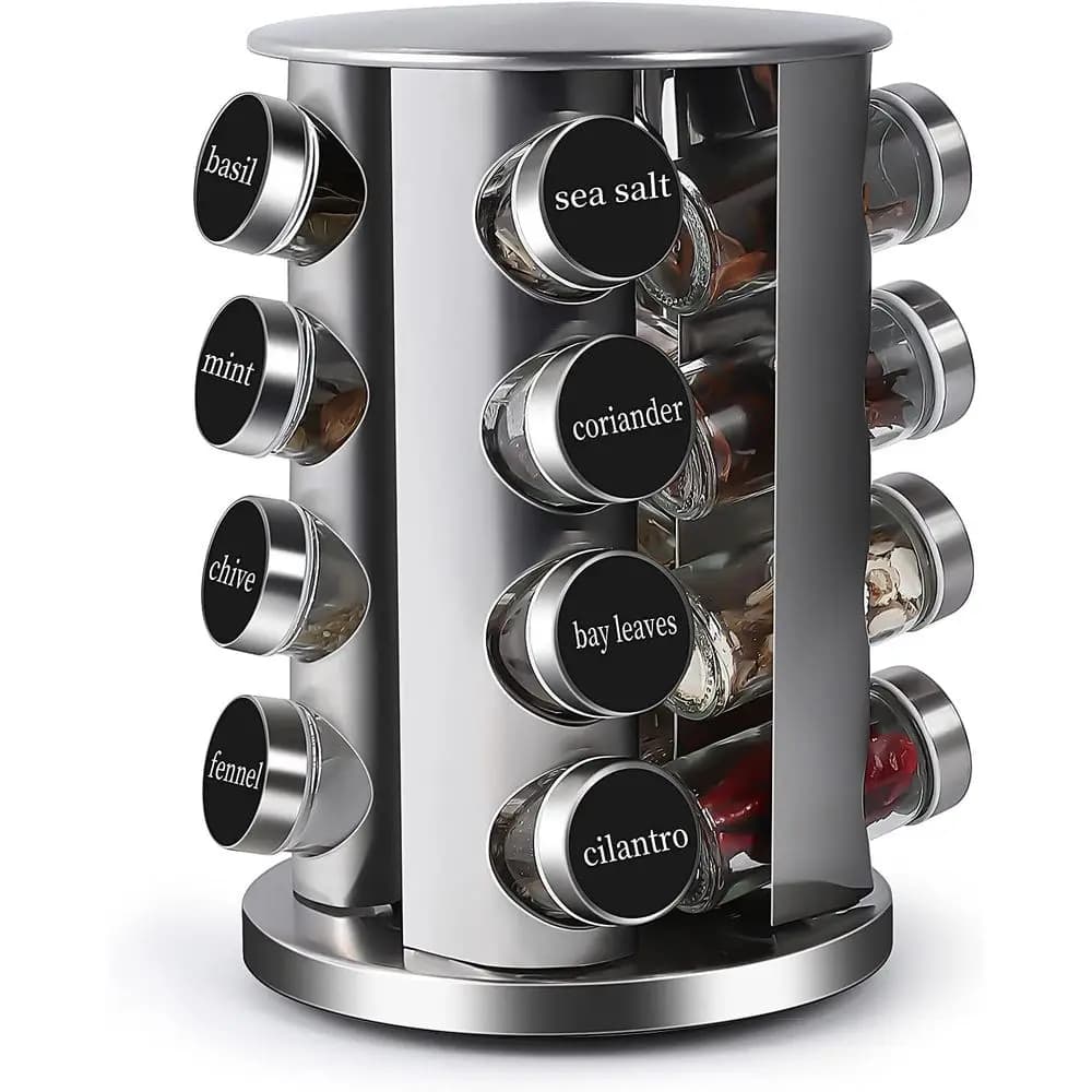 Revolving Countertop Spice Rack Stainless Steel Seasoning Storage Organization, Spice Carousel Tower or Kitchen Set with 16 Jars